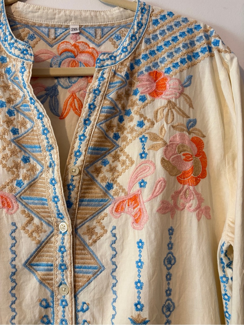 4/$25 Embroidered Boho Tunic Top - Cream with Blue & Coral Floral Details - Picture 3 of 10